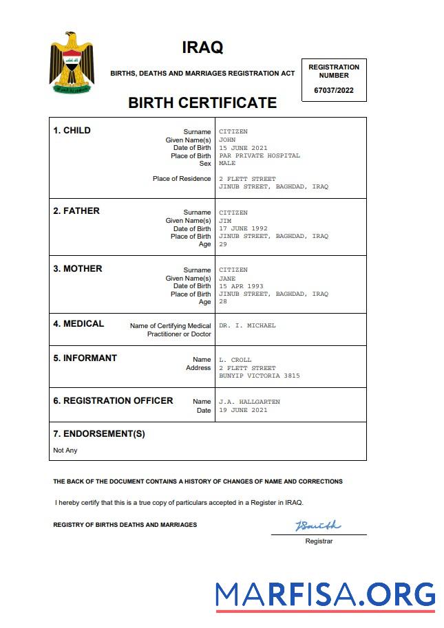 Downloadable Iraq birth certificate Word and PDF template